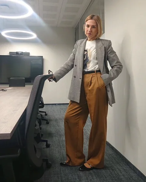 Neutral Pleated Wide-Leg Slacks