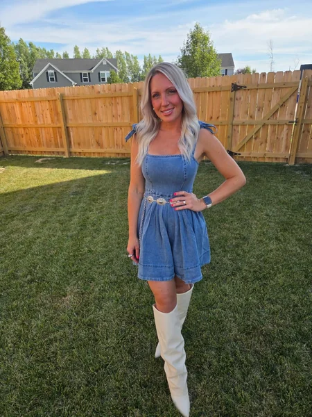 Tie-Shoulder Denim Mini Dress Outfit