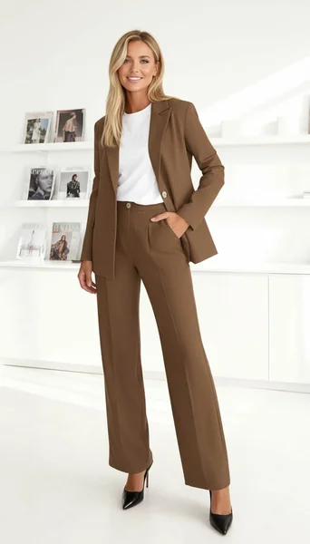 Brown Blazer Wide-Leg Work Suit