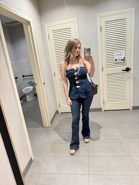 Denim Tube Top with High-Waist Jeans