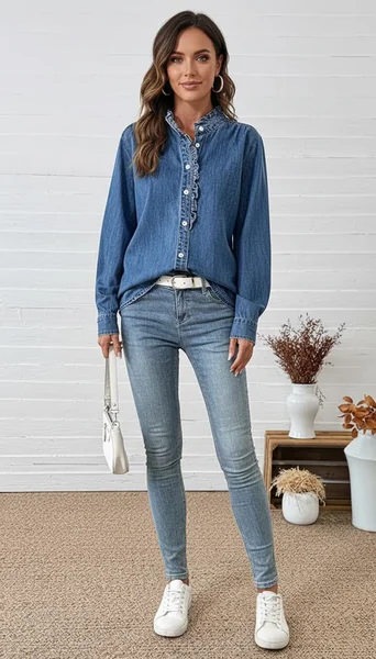 Ruffled Edge Denim Jeans Shirt Outfit