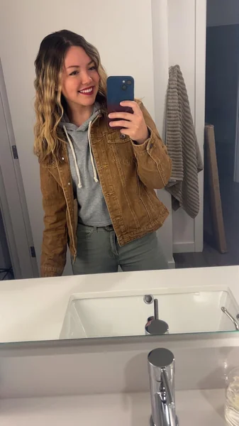 Classic Denim Jacket with Brown Jeans