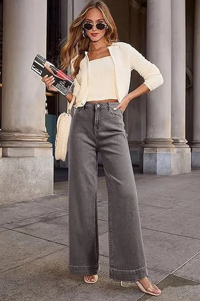 Gray High Waisted Wide Leg Jeans