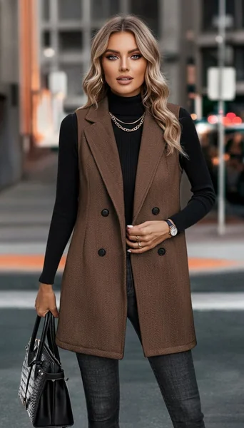 Long Tweed Vest with Brown Jeans