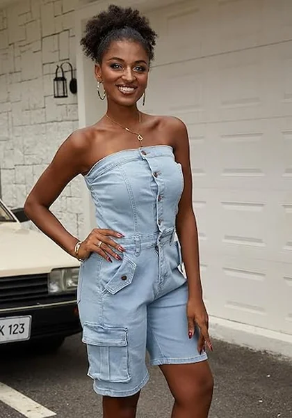 Off-Shoulder Denim Jeans Romper Outfit