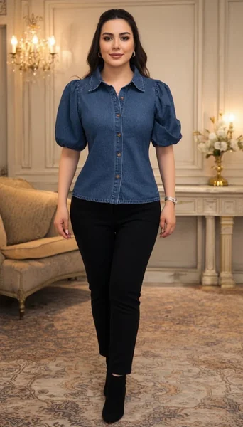 Puff Sleeve Denim Top with Slim Jeans