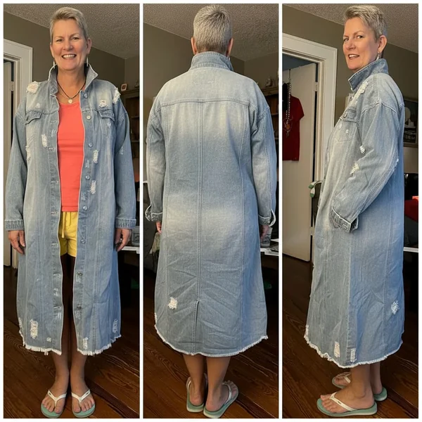 Long Distressed Denim Jeans Trench Jacket