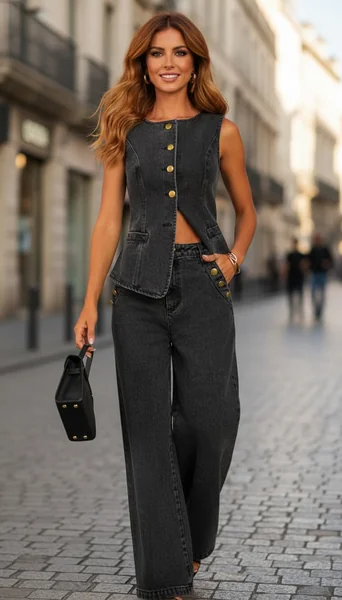 Denim Vest Top with Wide-Leg Jeans