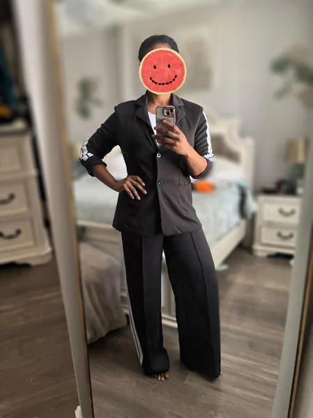 Striped Side-Button Black Blazer & Pants Set