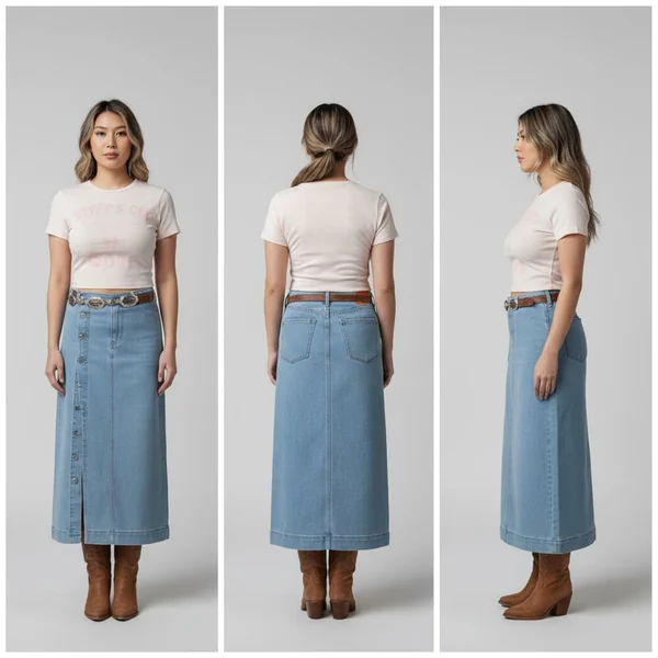 High-Waisted Slit Denim Midi Look