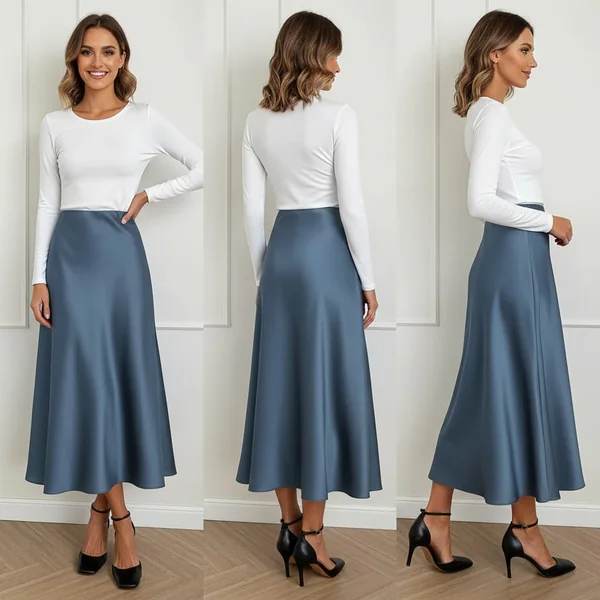 Blue Satin A-Line Midi Skirt Outfit