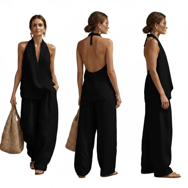 V-Neck Halter Linen Set for Summer