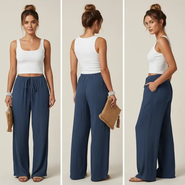 Navy Flowy Wide-Leg Pants