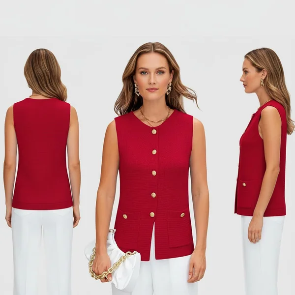 Red Button Knit Vest Look