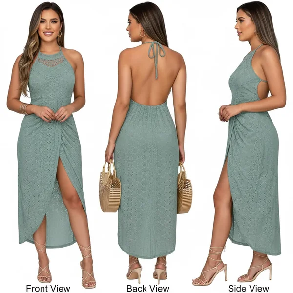 Halter Eyelet Slit Mini Dress