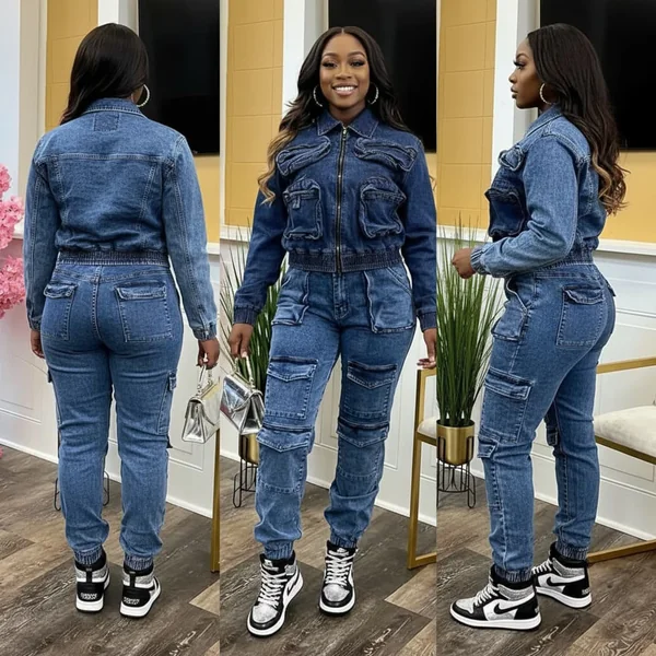 Denim Cargo Two-Piece Set Drak Blue