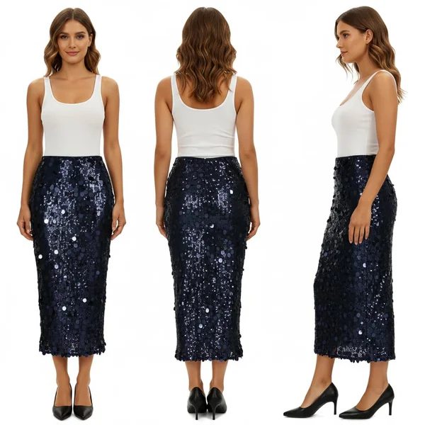 Blue Sequin Midi Skirt Outfit