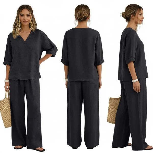 V-Neck Linen Shirt & Wide-Leg Pants Set