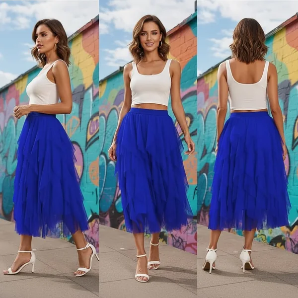 Blue Tulle Tiered Midi Skirt Outfit