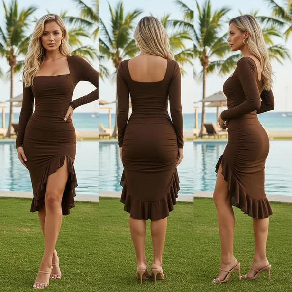Mesh Ruffle Bodycon Midi Dress
