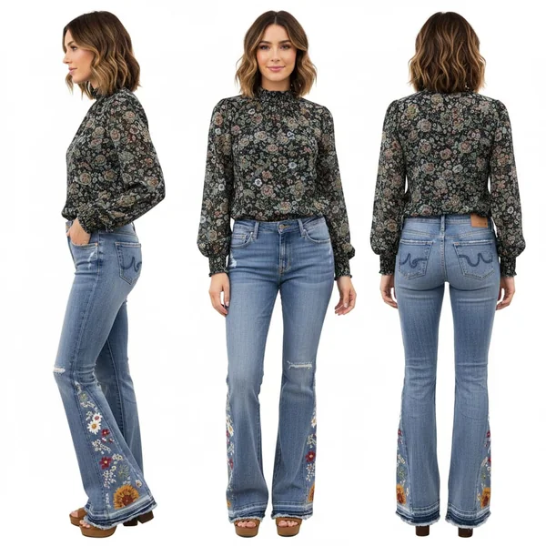 Floral Embroidered Flare Low Rise Jeans