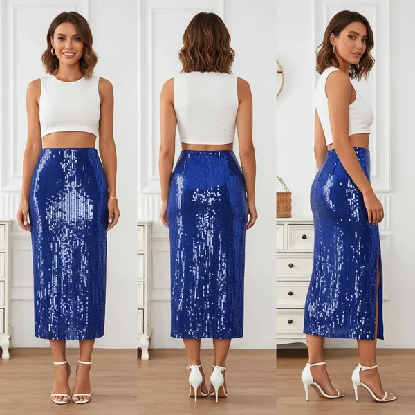 Blue Sequin Maxi Skirt Outfit