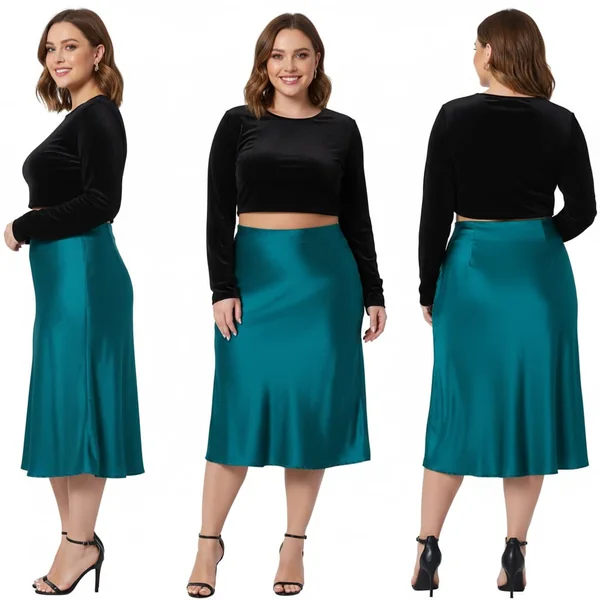 Plus Size Flowy Satin Midi Skirt