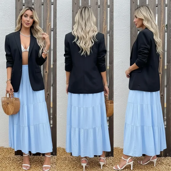 Blue Boho Pleated Maxi Skirt Outfit