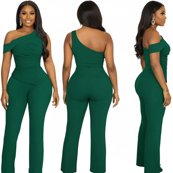 One Shoulder Green Pants Set
