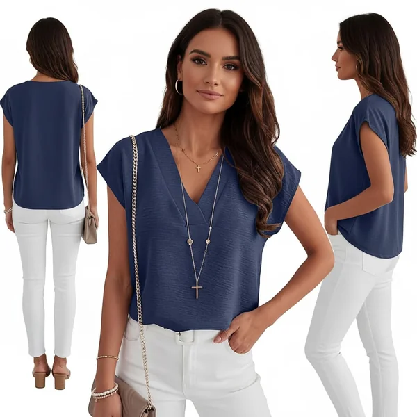 Navy V-Neck Cap Sleeve Top