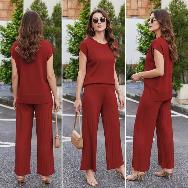 Red Knit Wide-Leg Set