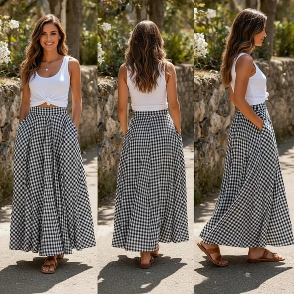 Plaid Gingham Maxi Skirt Look
