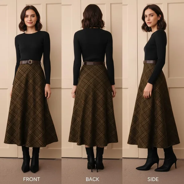 Vintage Plaid Pleated Midi