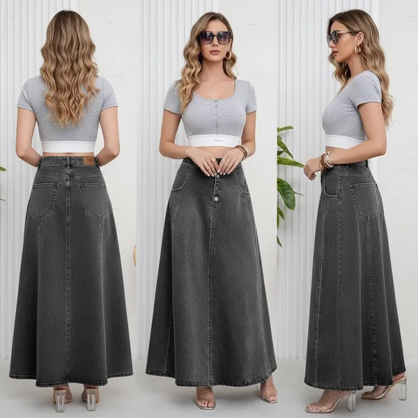 Retro A-Line Denim Maxi Skirt