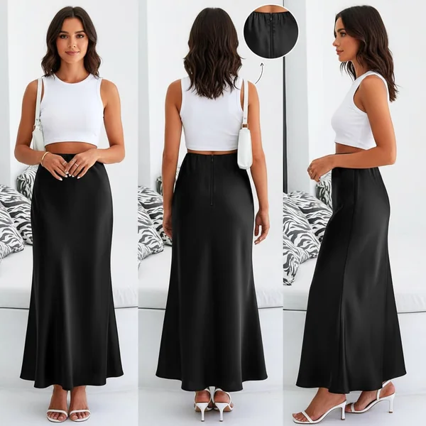 Elegant Flowing Satin Midi Skirt