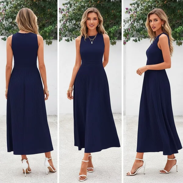 Navy Pleated Midi Dress