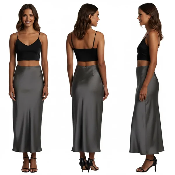 Grey Satin Fishtail Midi Skirt
