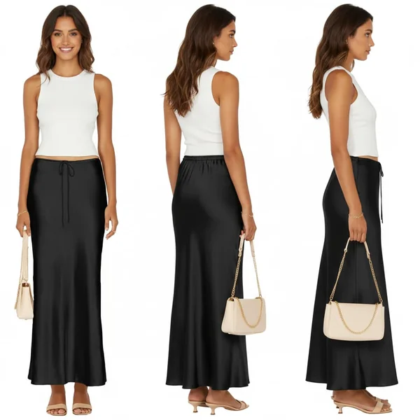 Black Satin Maxi Skirt Chic Look
