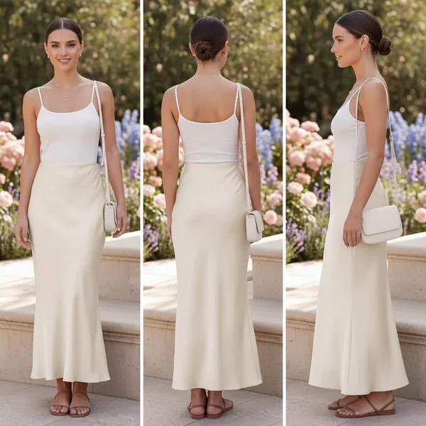 Beige Satin Maxi Skirt Statement Look