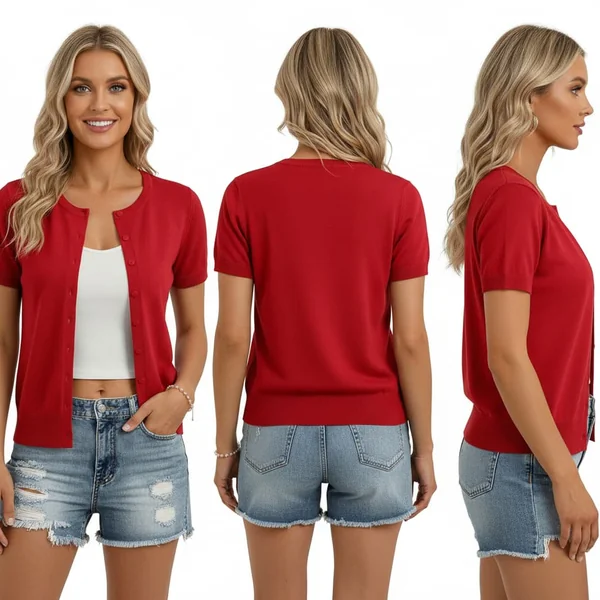 Red Short Sleeve Cardigan Outfit