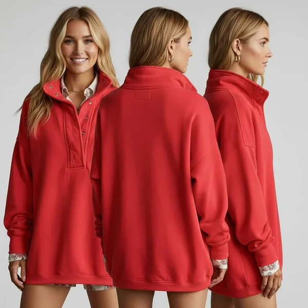 Oversized Red Henley Sweater Look