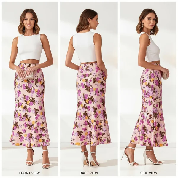 Pink Satin Midi Skirt