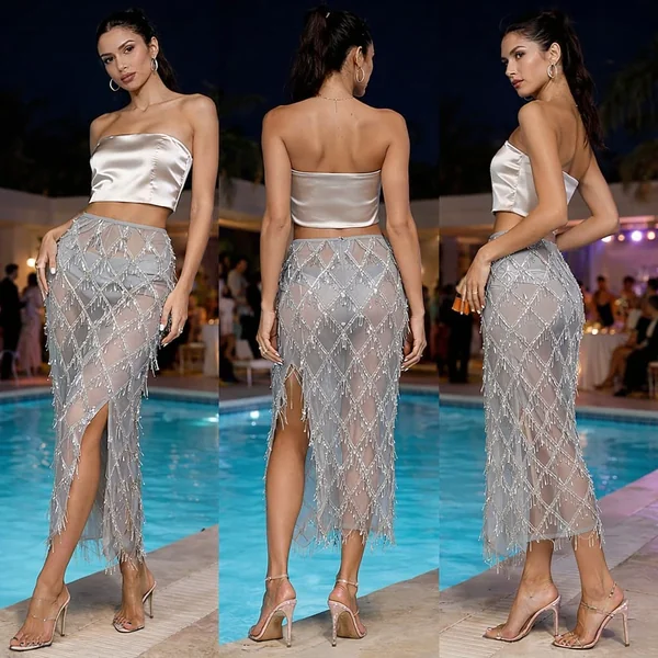 Sequin Fringe Midi Skirt