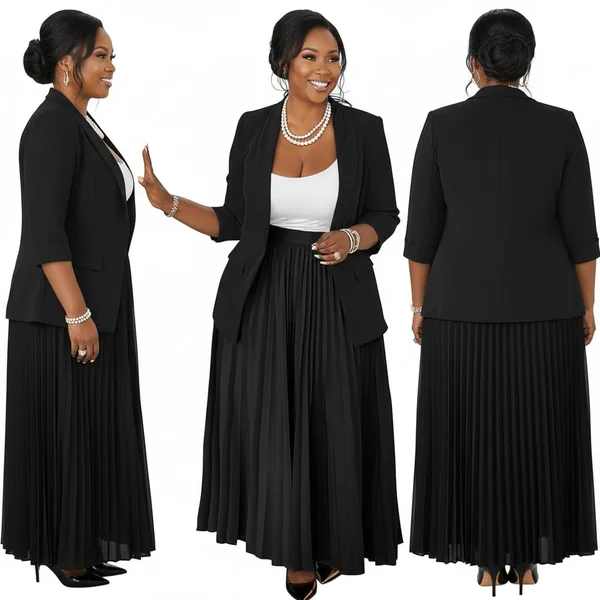 Black Pleated Maxi Skirt Set Look