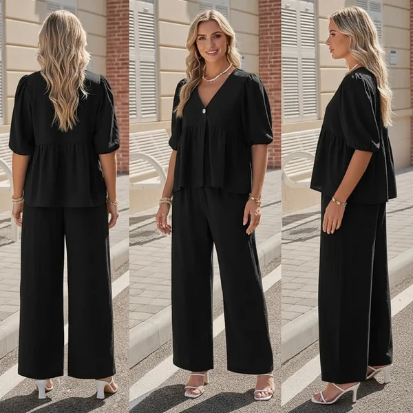 Soft Linen Babydoll Top & Wide-Leg Pants