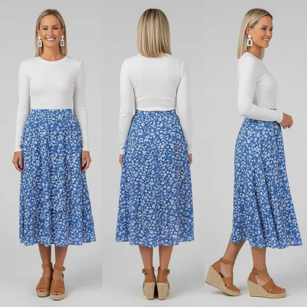 Blue Floral Midi Skirt Outfit