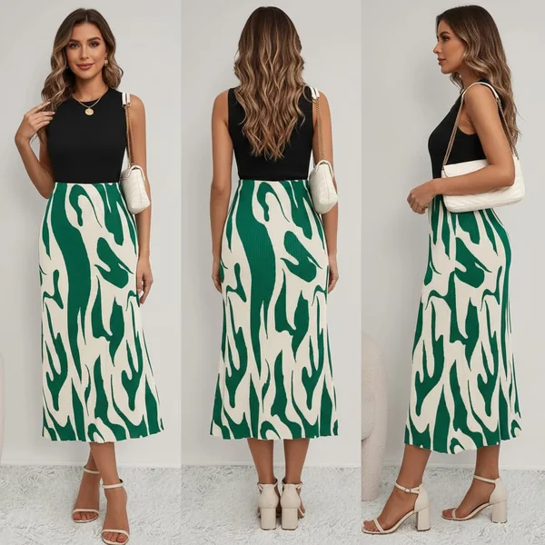Pleated Graphic Midi Skirt Look