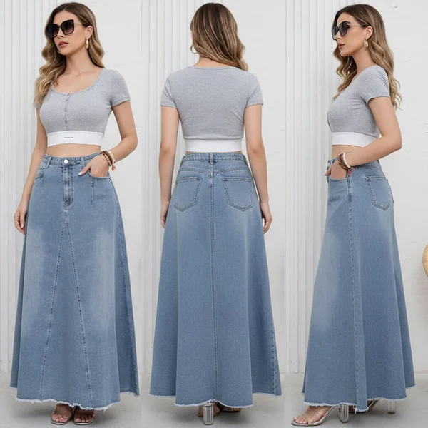 Distressed High-Waist Denim Maxi Skirt
