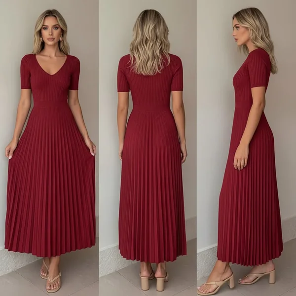 Red V-Neck Midi Sweater Dress