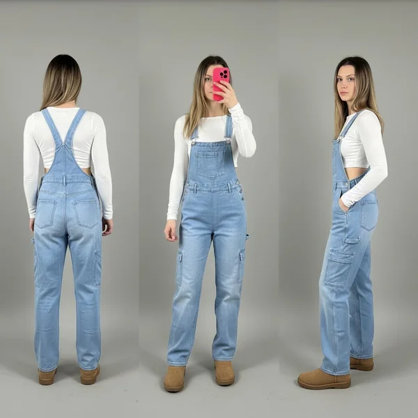 Wide-Leg Denim Cargo Overalls